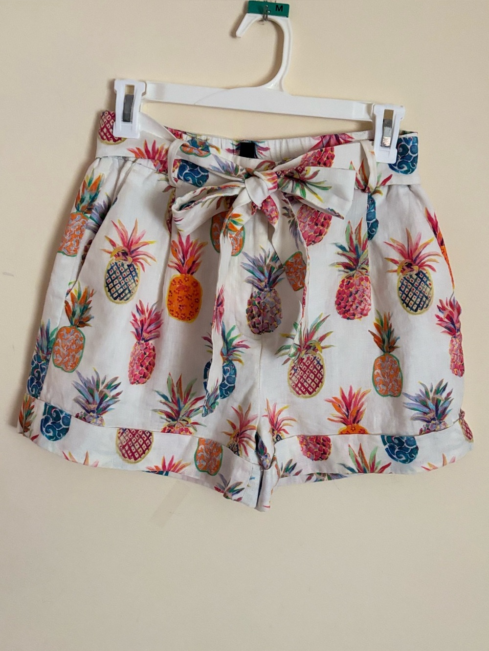 J. Crew White High-Waist Pineapple Print Tie-Waist Shorts 100% Linen
